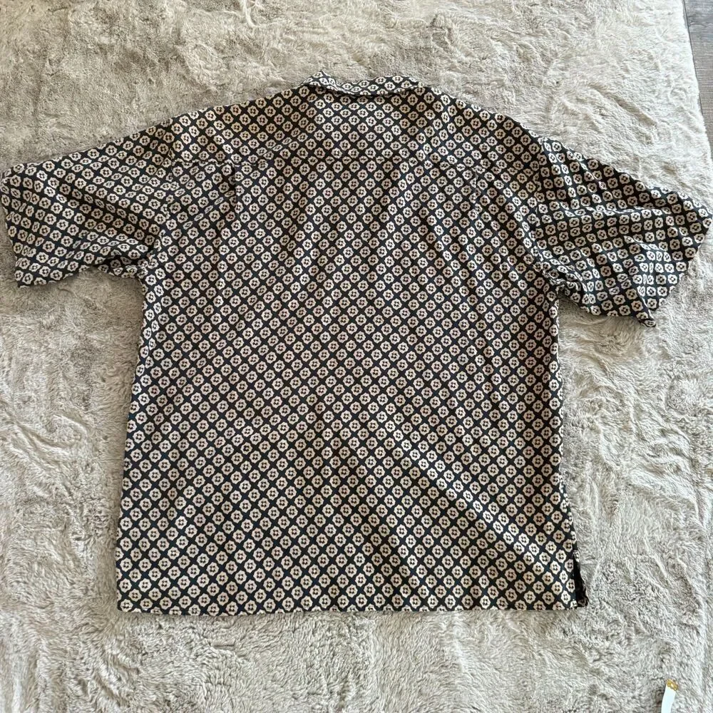 Brandini Men’s XXL 100% Silk Button-Down Shirt Black Beige Geometric Print Aloha